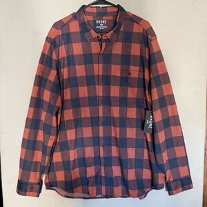 Rhone Hardy Flannel Shirt Mens 2XL Brandy Red Buffalo Check Stretch Jacquard